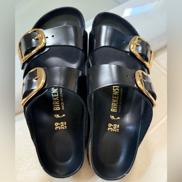 Birkenstock Black and Gold Sandals with Contoured Footbed - Picture 4 of 8